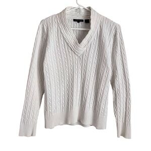 Jeanne Pierre White Cable Knit Sweater Shawl Collar Cotton Fisherman Coastal Lg
